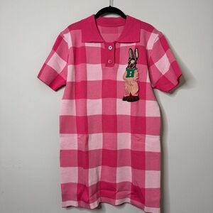 Vintage Pink Checkered Dress with Embroidered Rabbit Appliqué Size S